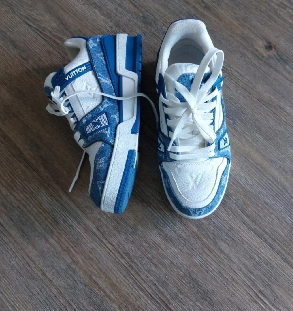 Louis Vuitton Women White and Blue Denim-Accent Low-Top Sneakers